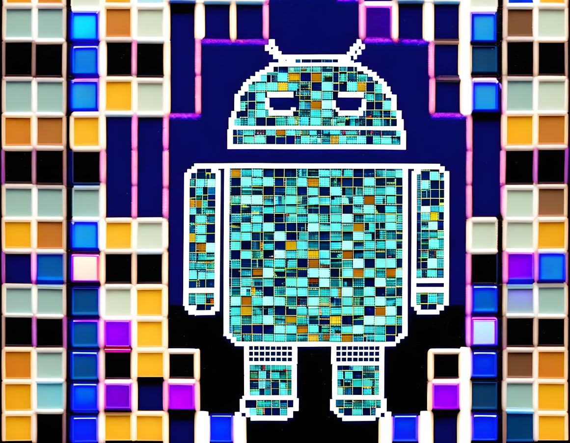 Pixelated robot mosaic wall with gloomy face in vibrant colors