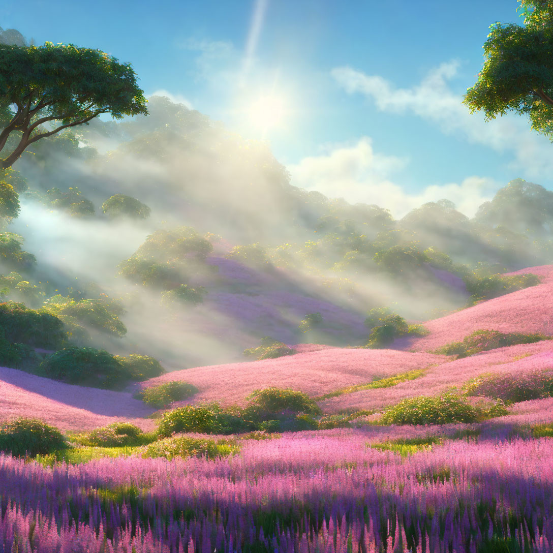 Misty sunrise over rolling hills with pink flowers and green trees