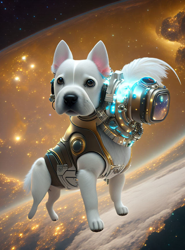 Digital artwork: Dog in astronaut suit in space landscape