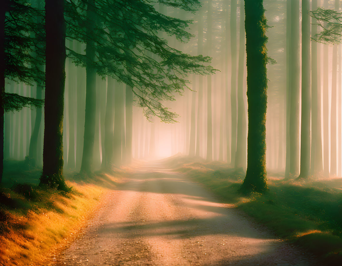 Tranquil forest path with tall trees and golden light