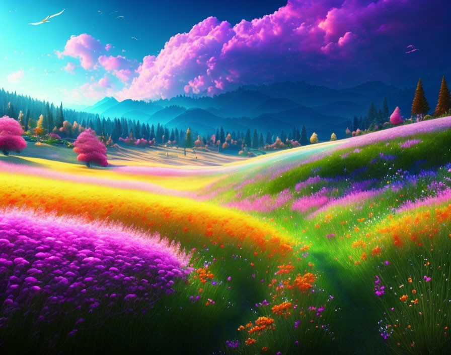 Colorful flower-covered hills, pink clouds, mountain backdrop, bird, bright blue sky