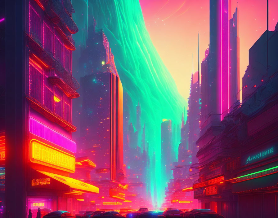 Vibrant neon-lit cityscape with towering skyscrapers at night