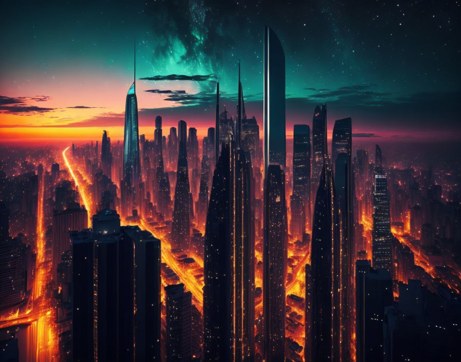 Futuristic cityscape with illuminated skyscrapers and lava-like streams at dusk