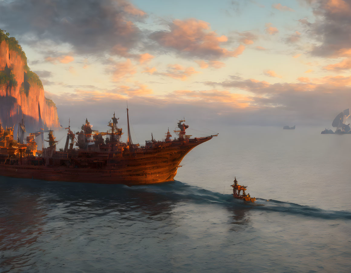 Wooden ship near towering cliff at sunset with smaller boat and warm dusk clouds.