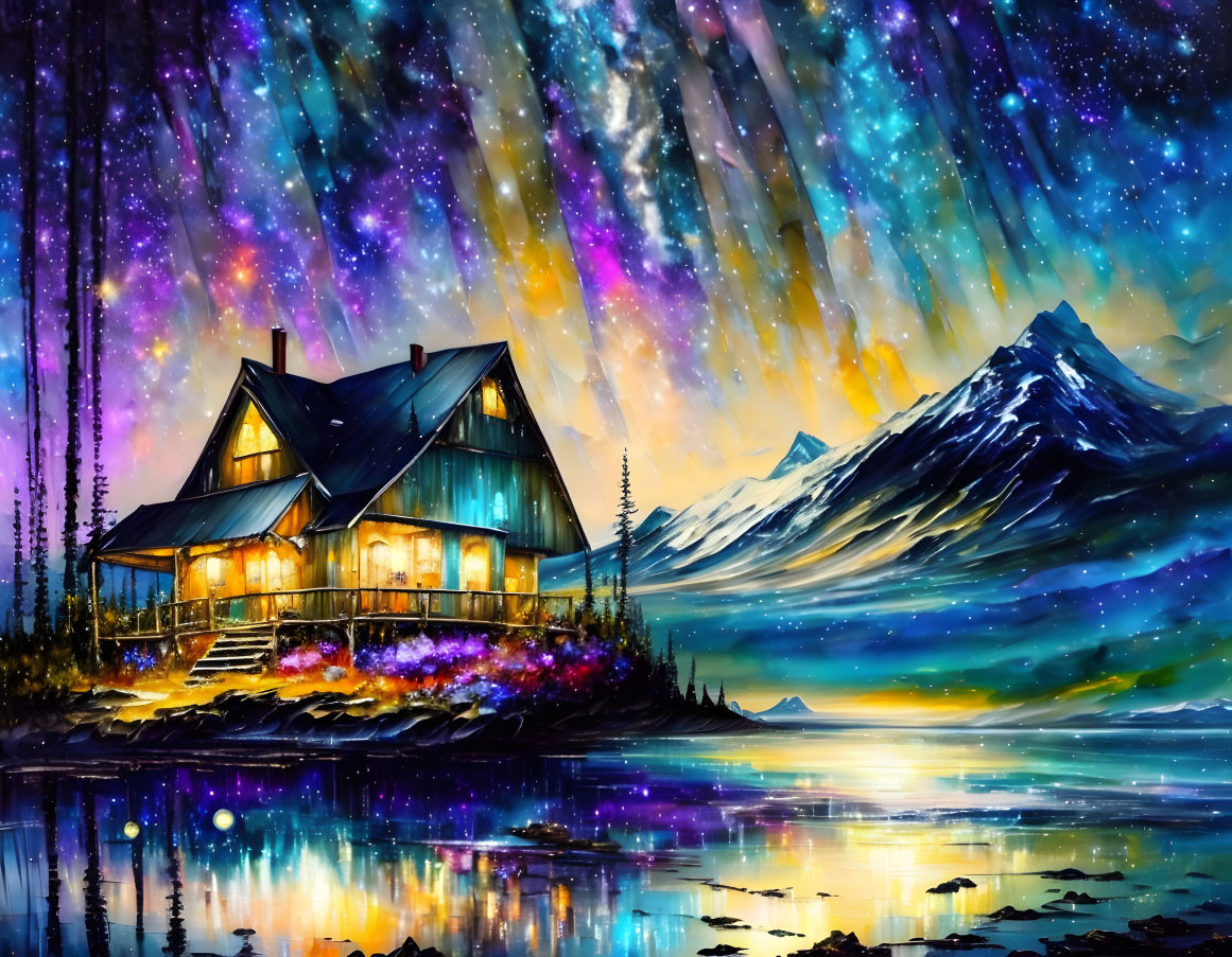 Scenic lakeside cabin painting with aurora borealis.