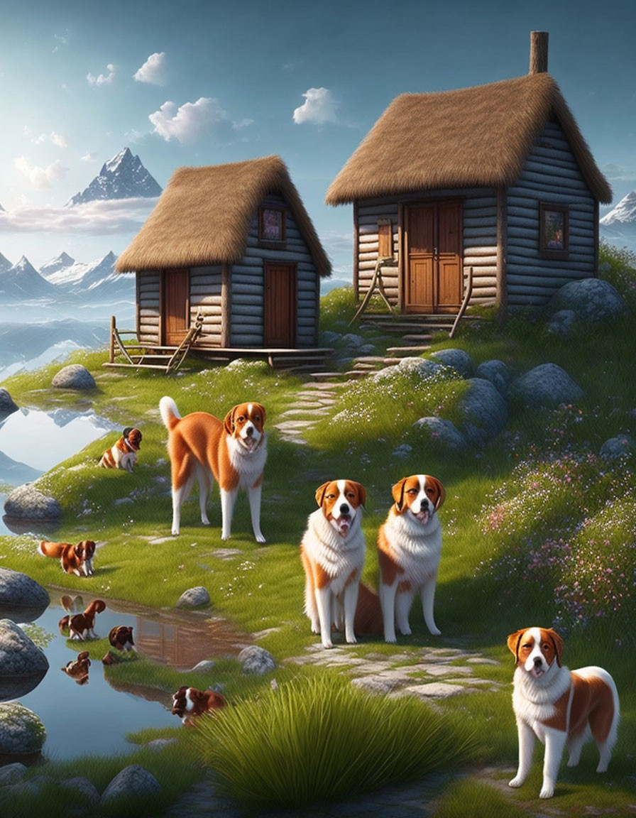 Tranquil landscape with cottages, dogs, ponds, and mountains