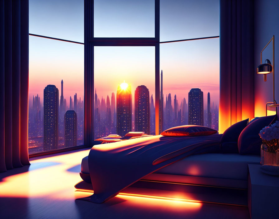 Modern Bedroom with Large Sunset View Window