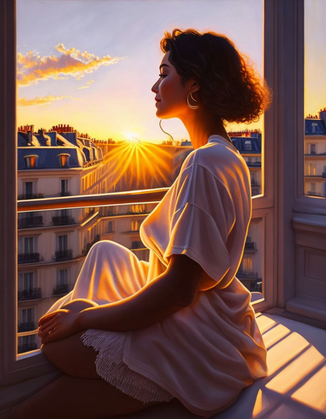 Woman admiring sunset over city rooftops from windowsill in warm golden light.