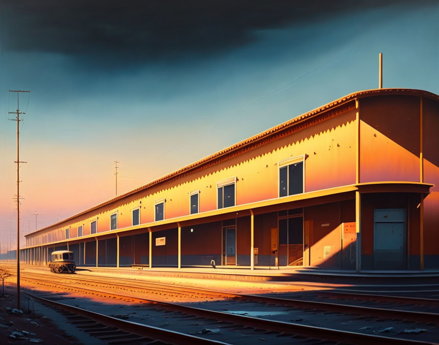 Golden sunset light illuminates long railway station building with multiple tracks.