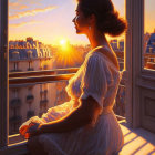 Woman admiring sunset over city rooftops from windowsill in warm golden light.