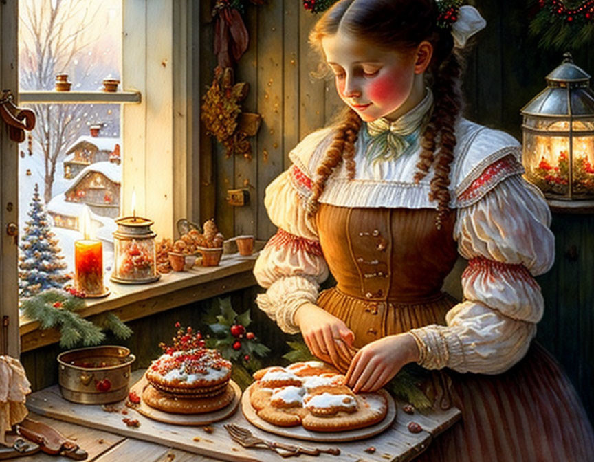 Girl in traditional attire decorating cookies by cozy window with winter scenery.