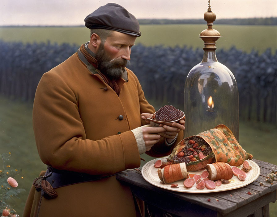 Traditional Attire Person with Caviar and Samovar in Vineyard Setting