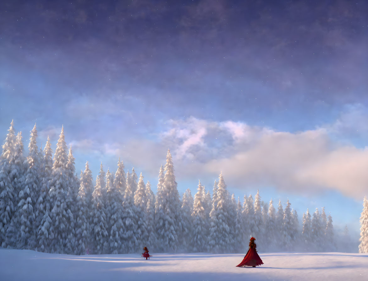 Person in Red Cloak in Snowy Forest at Twilight