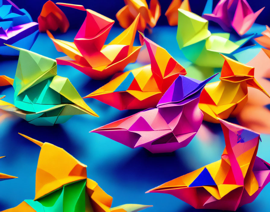 Colorful origami paper boats and birds on blue background