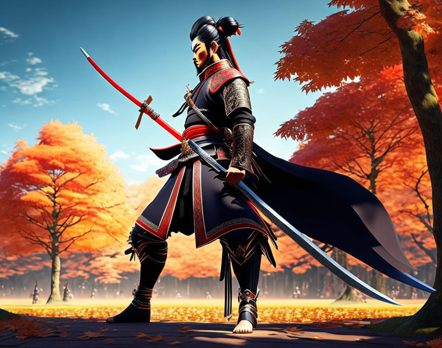 Warrior in traditional armor with sword in autumn park.