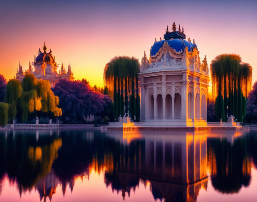 Ornate Pavilions Reflecting Sunset on Tranquil Lake