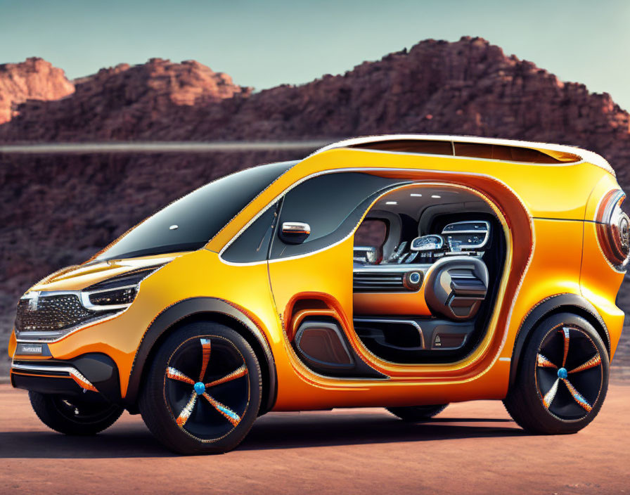 Orange Futuristic Concept Car with Blue Wheel Trims in Desert Landscape