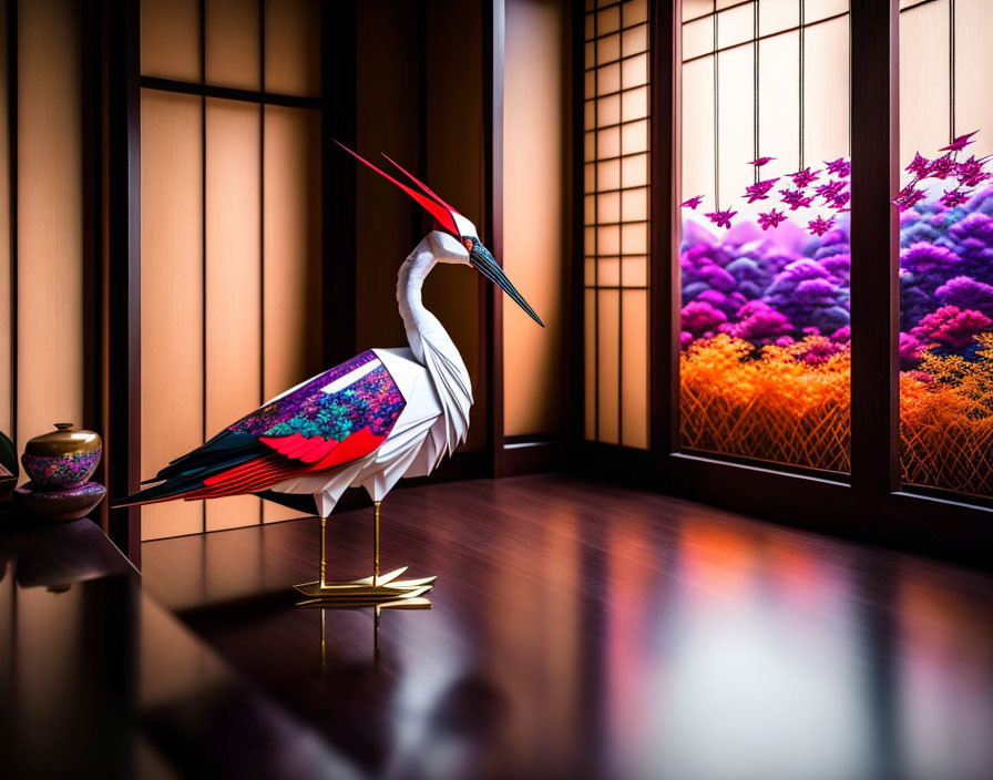 Intricately designed origami crane in traditional Japanese room