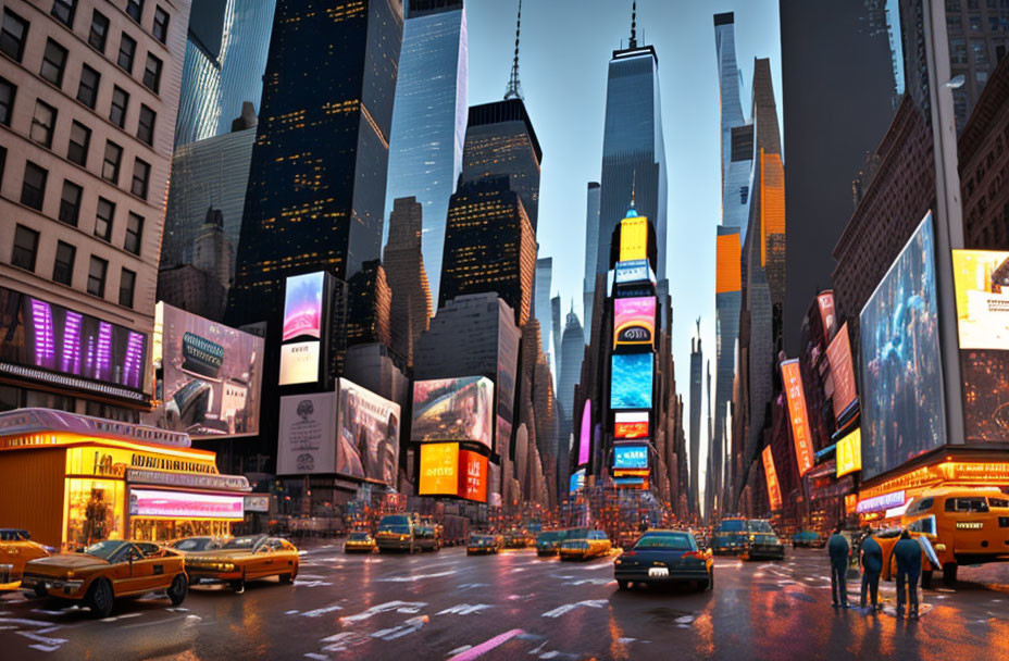 Vibrant city street at dusk with billboards, skyscrapers, taxis, and pedestrians