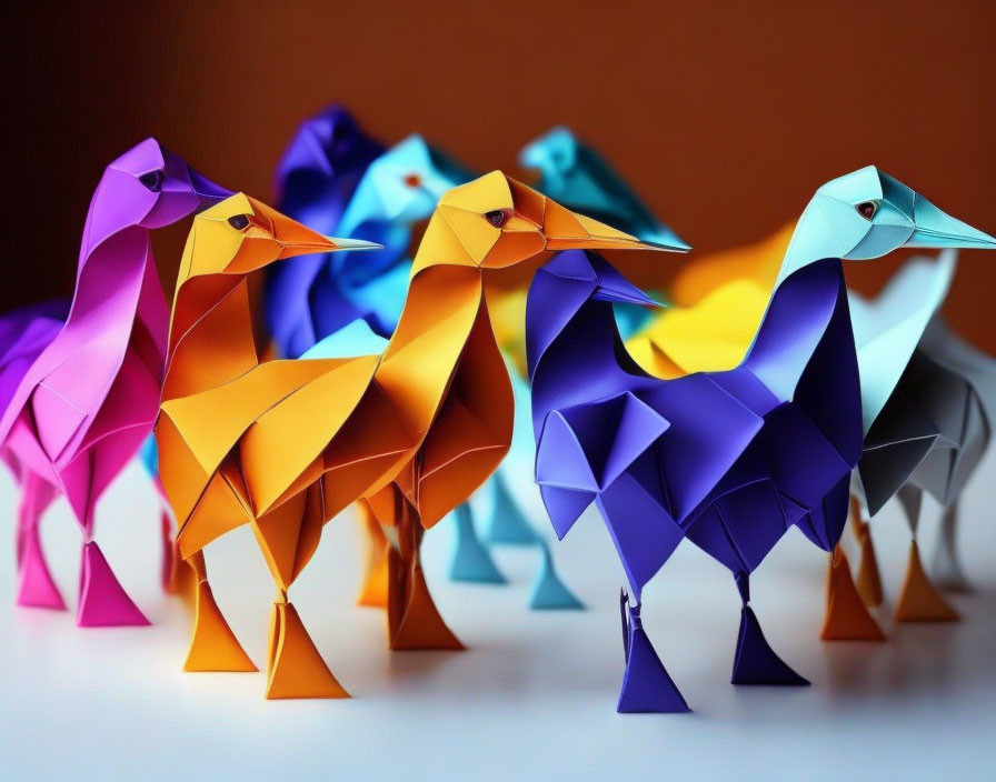 Vibrant paper origami birds in blue, orange, purple, and white flock.