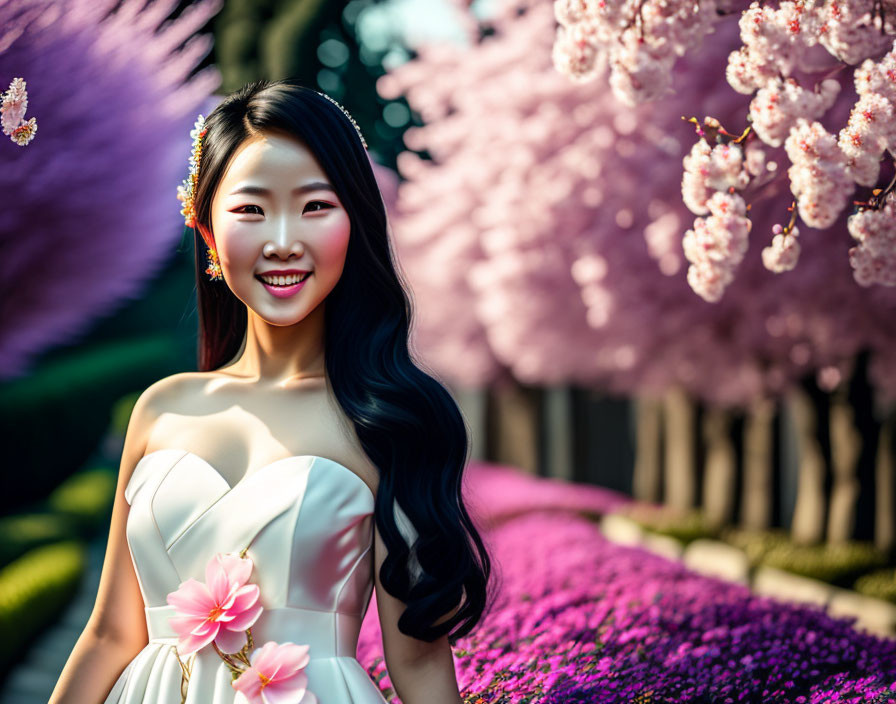 Smiling woman in white dress with floral accessory among pink cherry blossoms