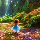 Child with curly hair in magical forest with sunlight and red leaves