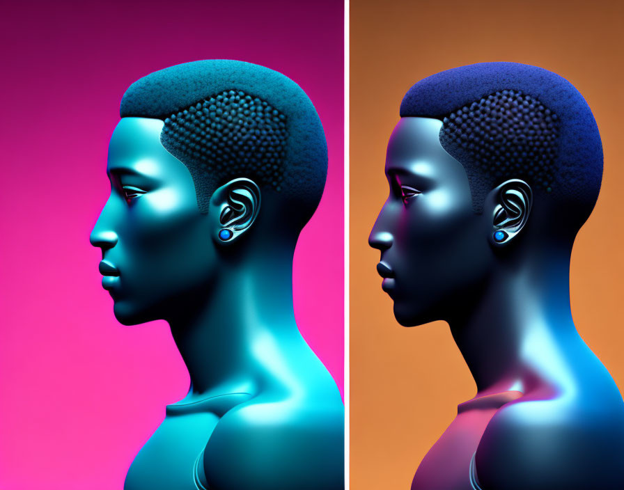 3D-rendered person with blue and pink tones, textured hairstyle, and ear piercings