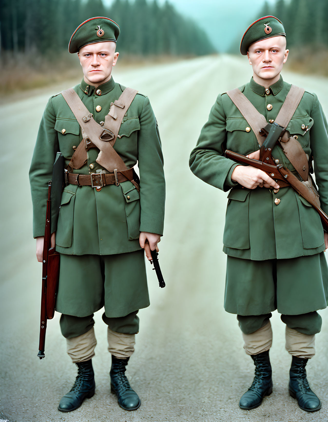 Vintage military uniforms men with rifles on forested road