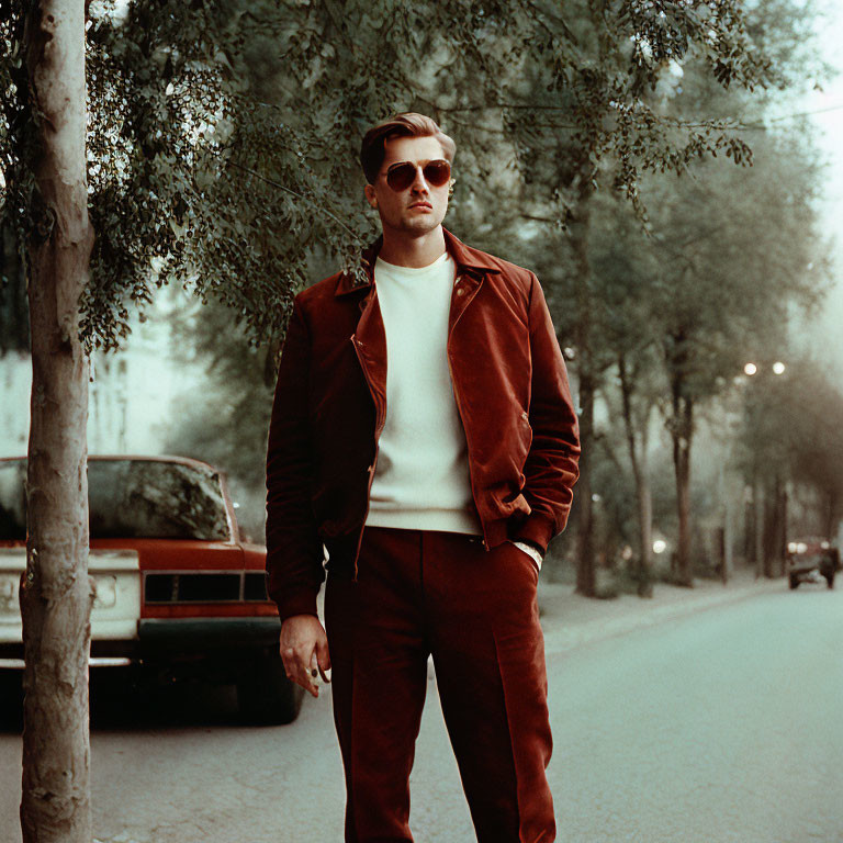 Confident man in red jacket and trousers on street with vintage cars and trees.