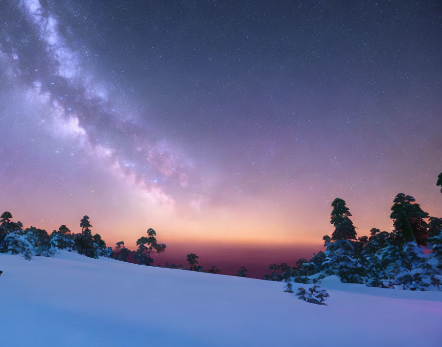 Twilight scene: Snow-covered trees under starry Milky Way in pink-blue hues