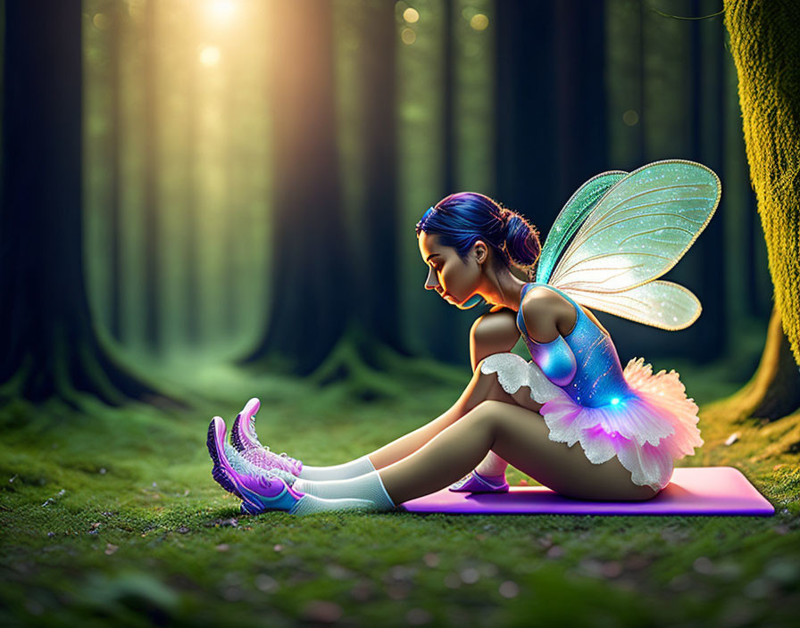 Person with fairy wings tying luminous shoe on yoga mat in sunlit forest