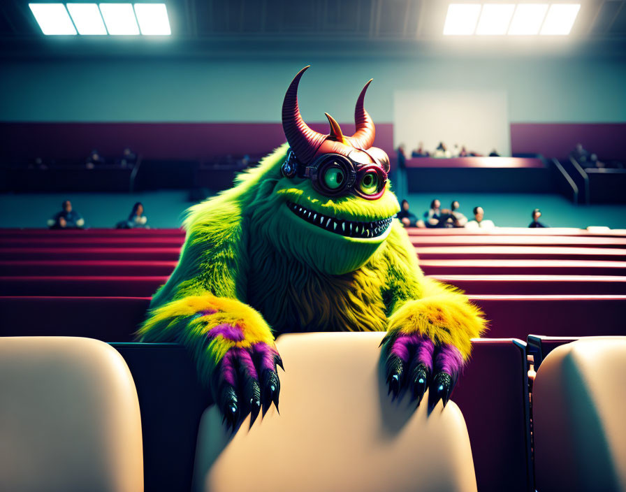 Colorful Furry Monster with Horns and Glasses in Movie Theater