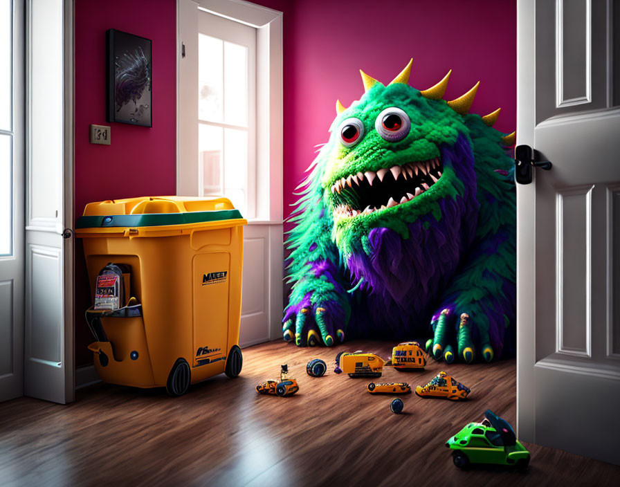 Colorful furry monster in child's room with toys and yellow recycling bin