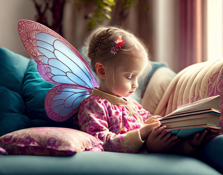 Young child in fairy wings reading book on blue couch