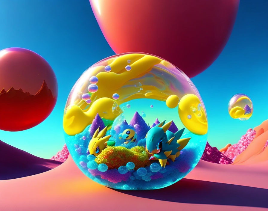 Fantasy creatures in bubble on surreal landscape with oversized balloons