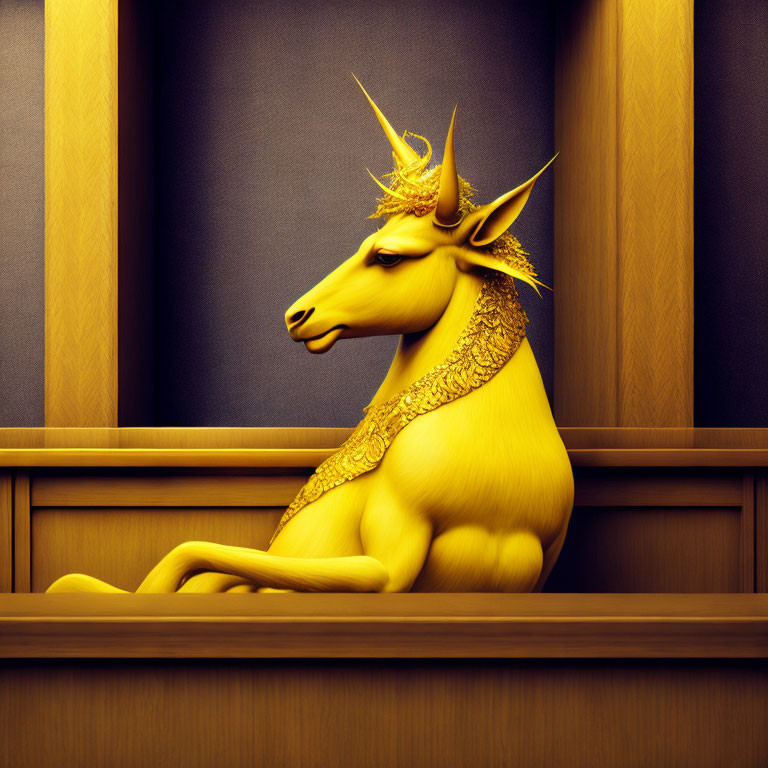 Golden unicorn statue with crown and neckpiece on wooden bench.