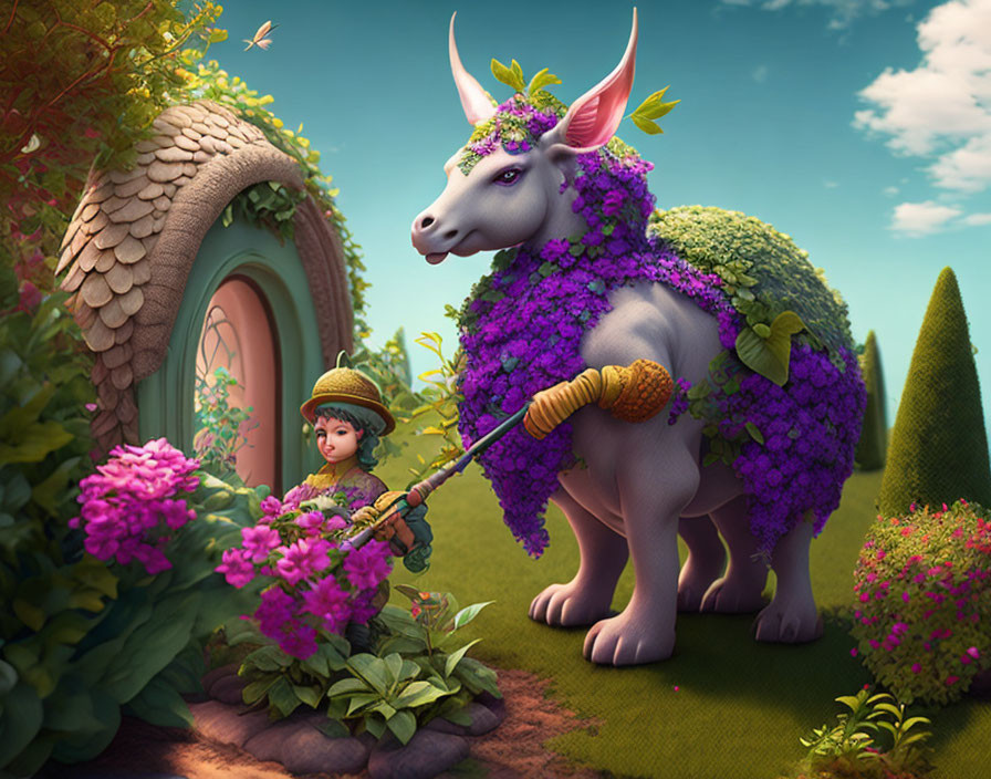 Fantastical scene with small elf, large creature, pink flowers, and round door