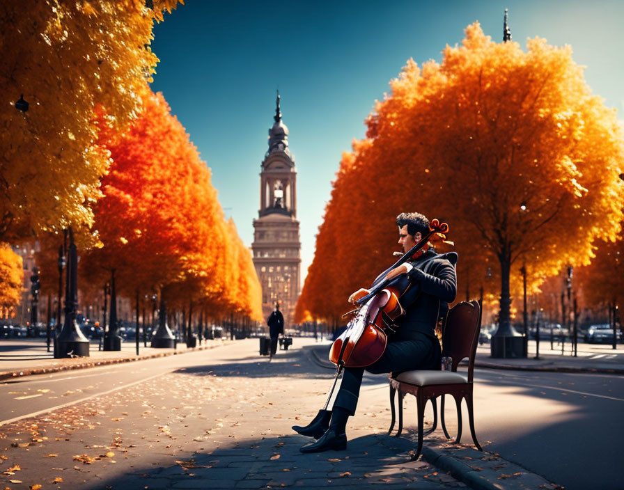 Cellist playing surrounded by autumn trees and historical building under blue sky