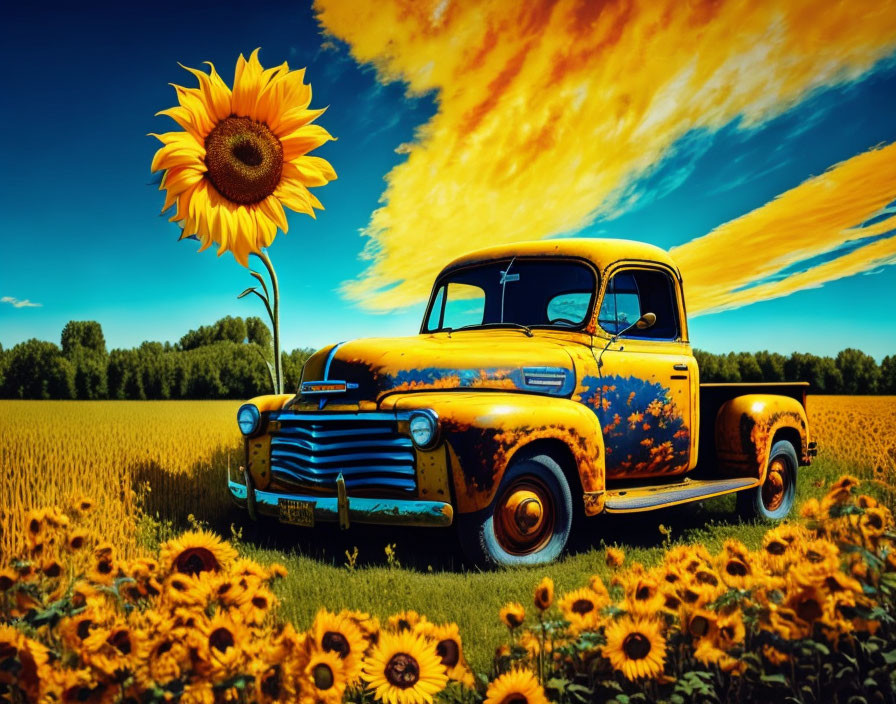 Vintage Pickup Truck in Sunflower Field with Orange and Blue Sky