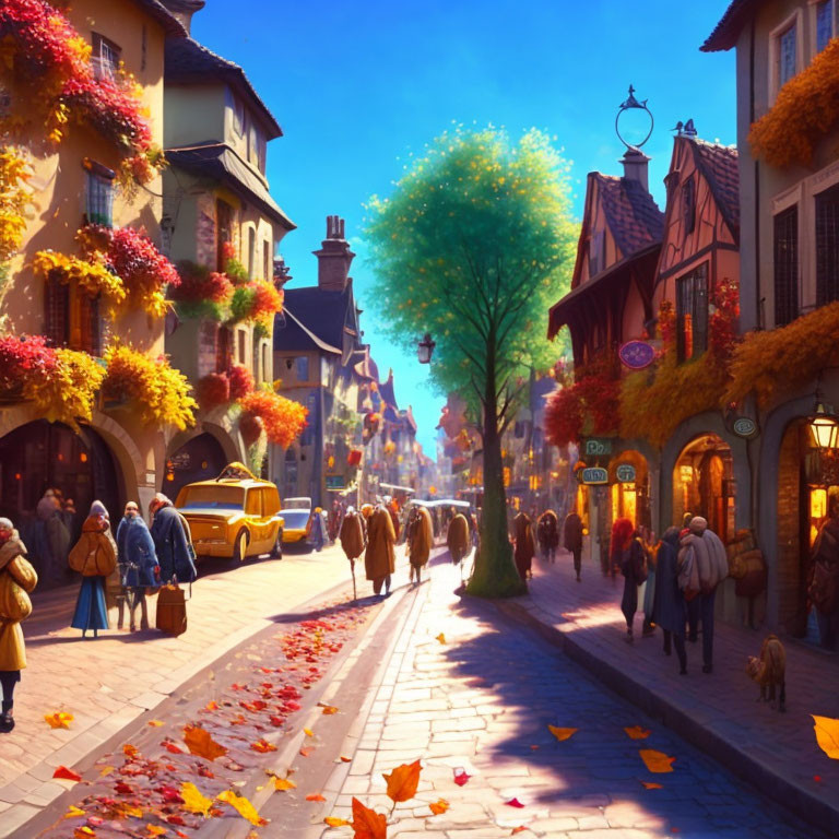 Colorful Autumn Street Scene with Strolling People and Quaint Shops