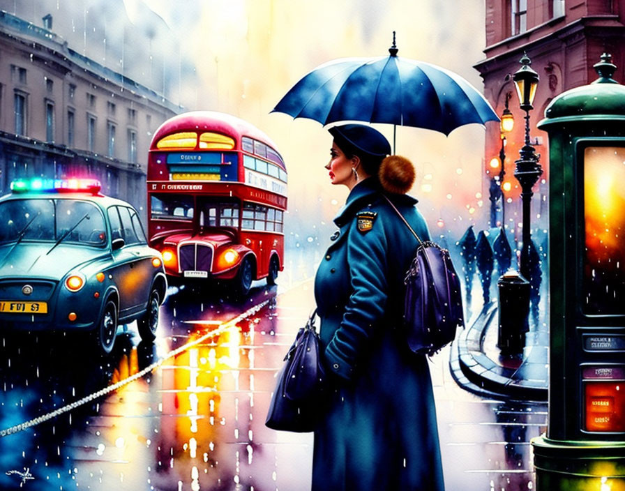 Woman in blue coat with umbrella on rainy London street with red double-decker bus and black cab.