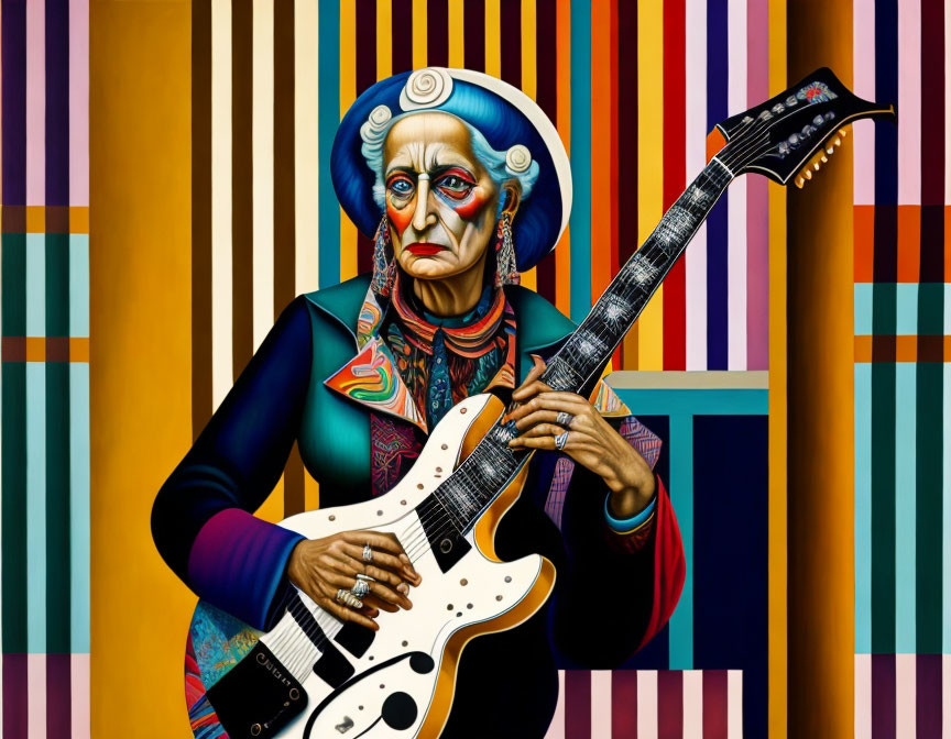 Vibrant painting of elderly woman with makeup, hat, electric guitar on striped background