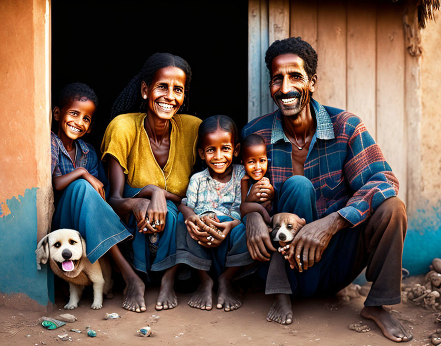 Happy family with children, couple, and puppy at doorway