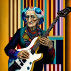 Vibrant painting of elderly woman with makeup, hat, electric guitar on striped background