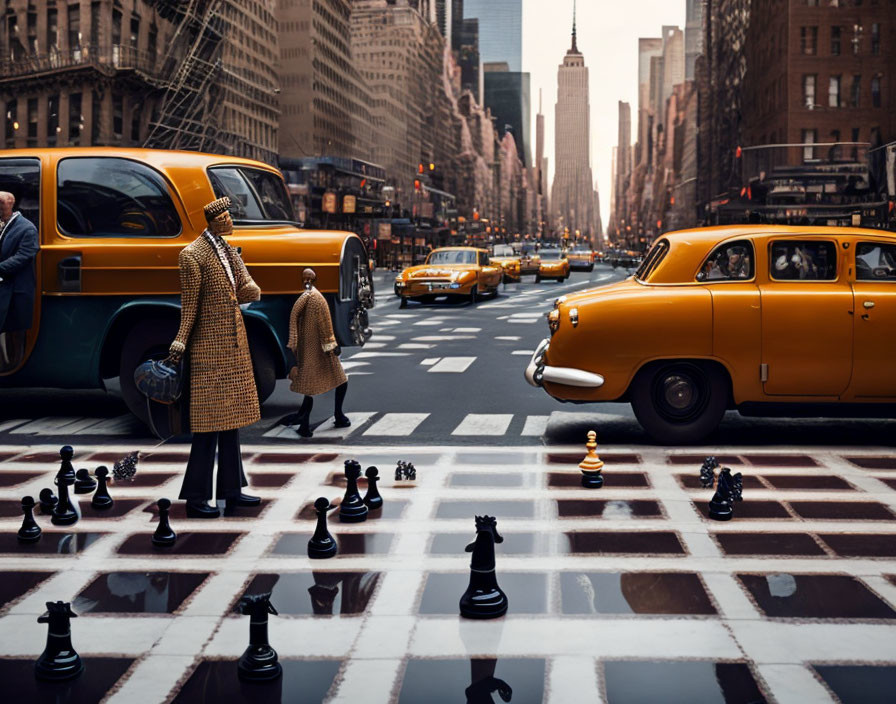 Woman in trench coat on chessboard-painted crosswalk in city street.