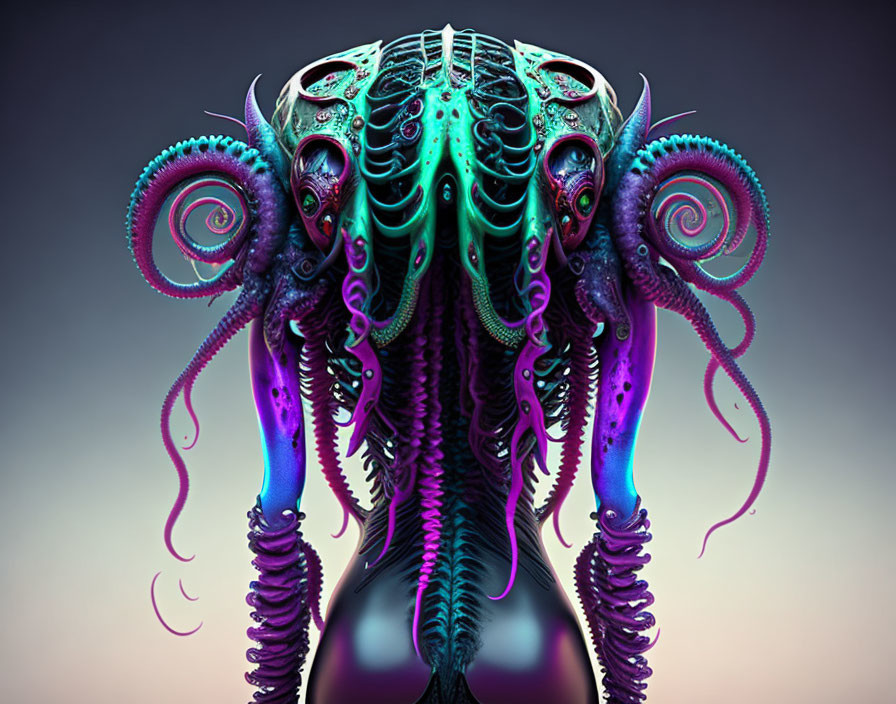 Colorful surreal creature with octopus-like tentacles and skull motifs on symmetrical design in purple and