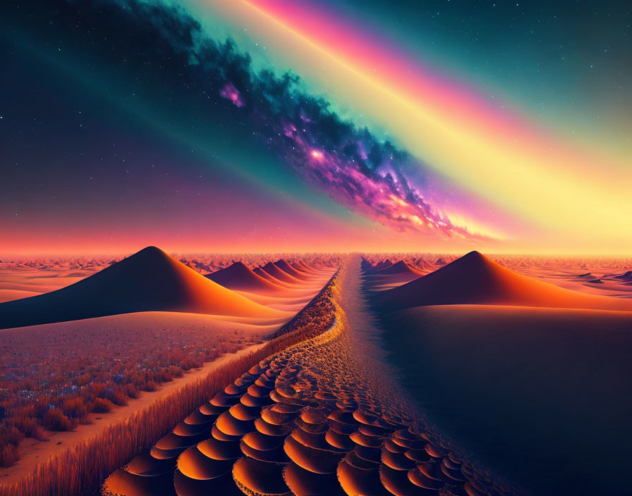 Surreal desert landscape with aurora-like sky