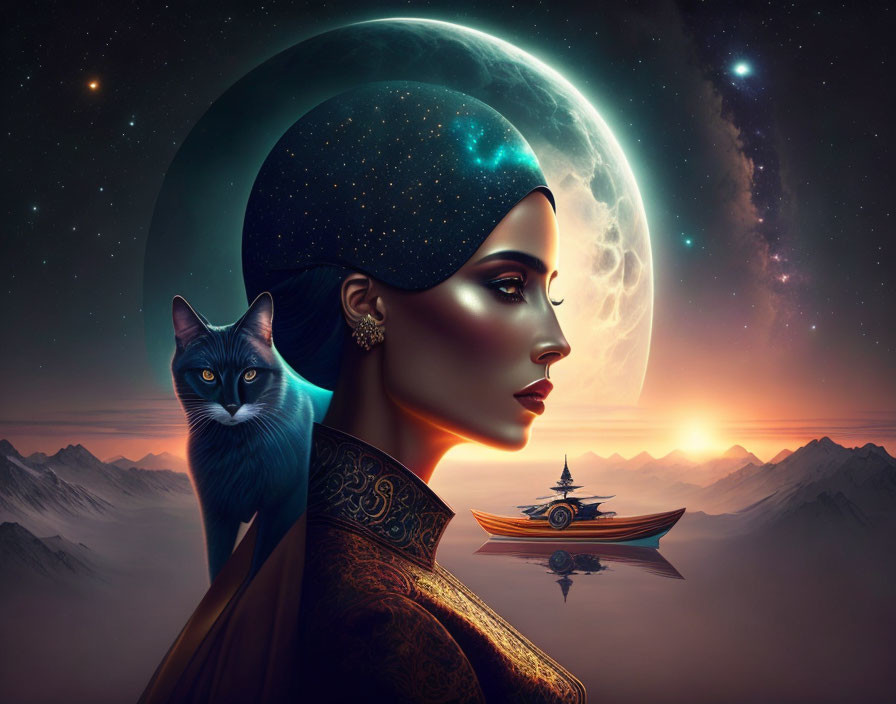 Profile of woman with starry headdress, cat, surreal backdrop of mountains, moon, sun,