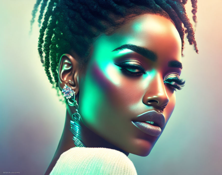 Colorful lighting enhances portrait of woman with braided hair and striking makeup