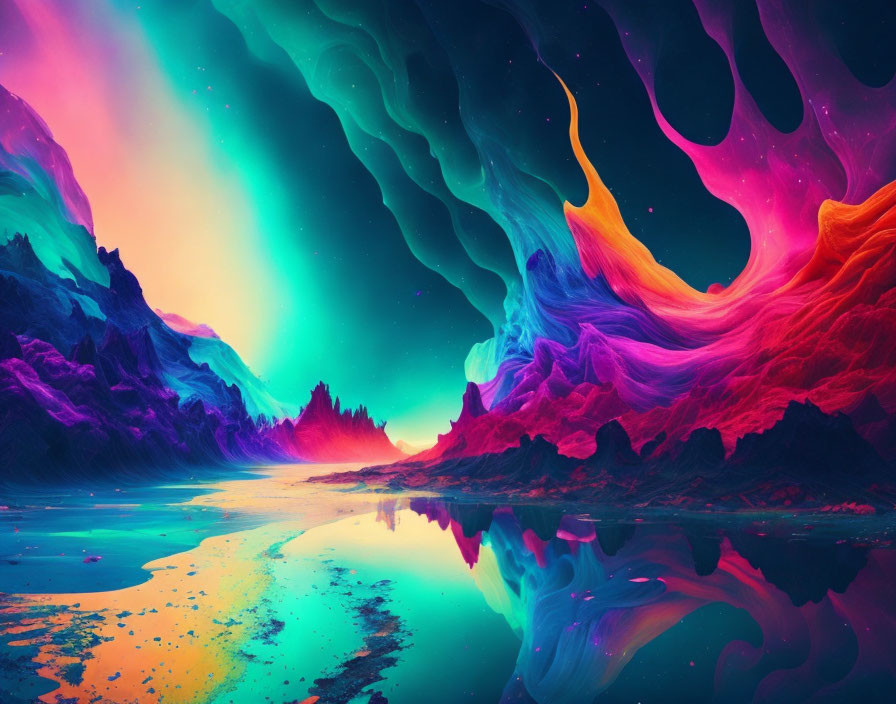 Fantasy landscape digital artwork with neon skies & colorful mountains